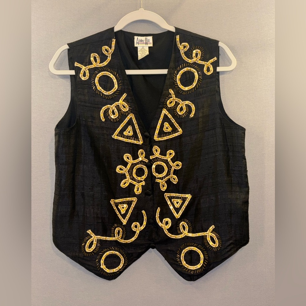 Ashley hill vintage Black Silk Vest size medium women’s retro funky fun unique